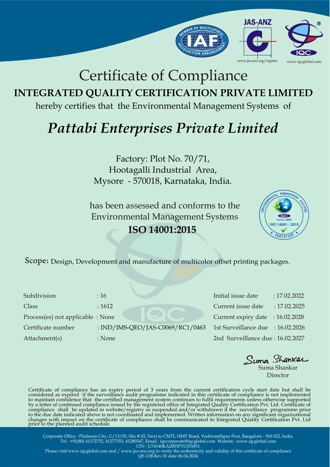 ISO 14001:2015 certificate for Pattabi Enterprises