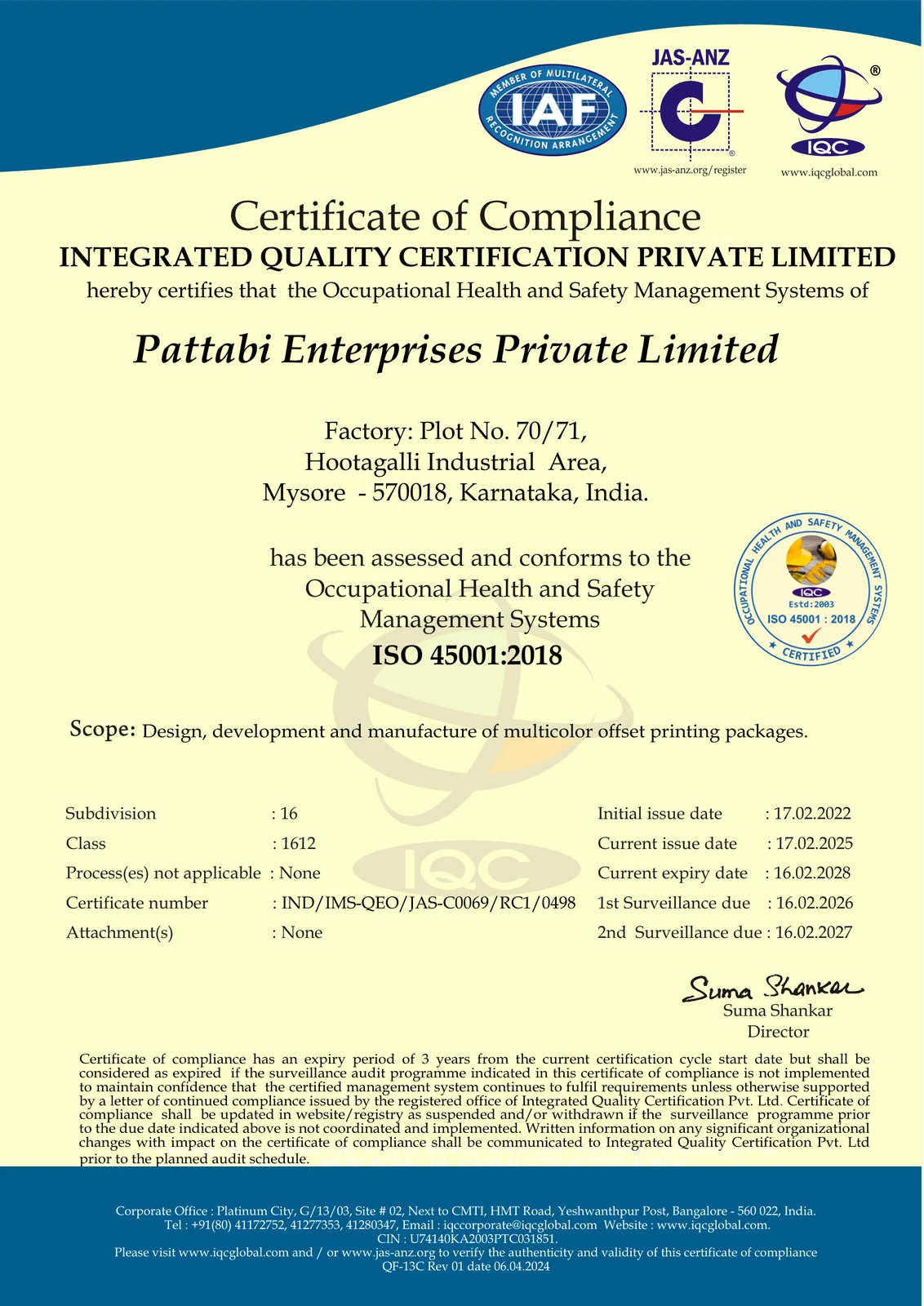 ISO 45001:2018 certificate for Pattabi Enterprises