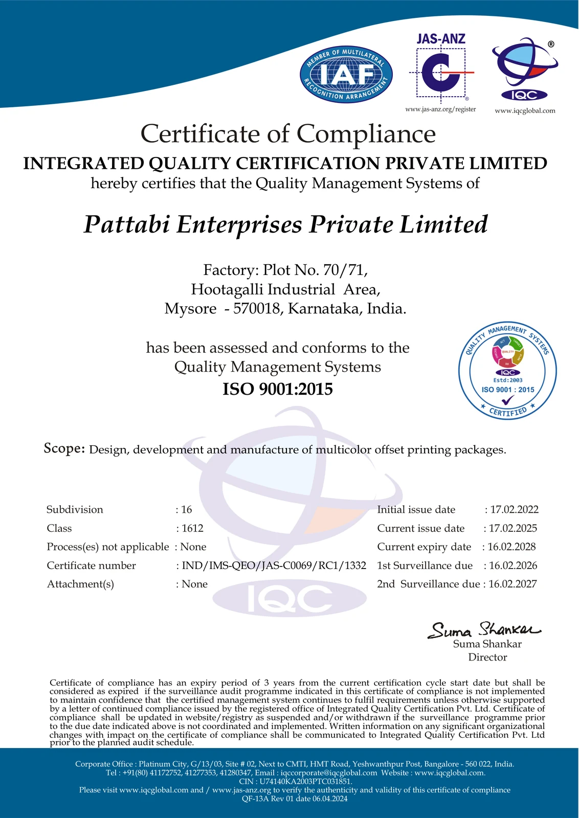 ISO 9001:2015 certificate for Pattabi Enterprises